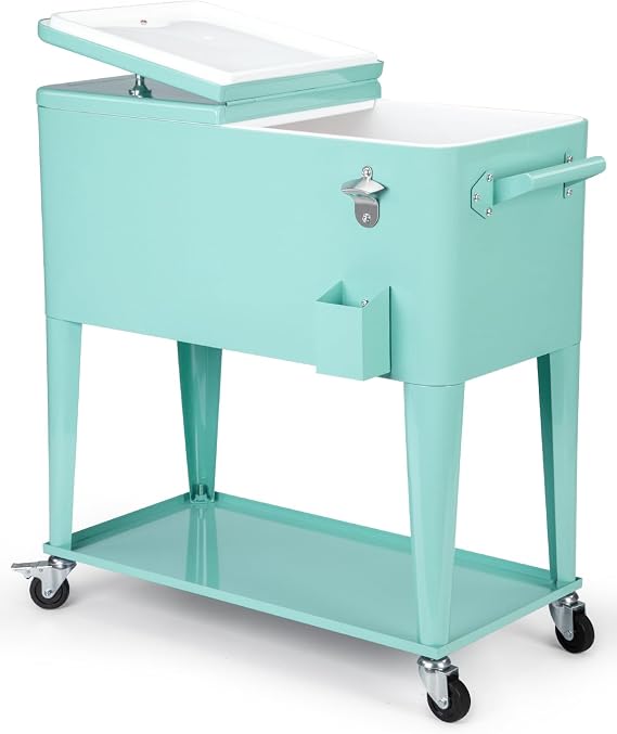 Rolling Ice Chest Cooler Cart 80 Quart, Portable Patio Cooler/Bar Drink Cooler, Beverage Bar Stand Up Cooler with Wheels, Bottle Opener, Handles for Patio Backyard Party Pool
