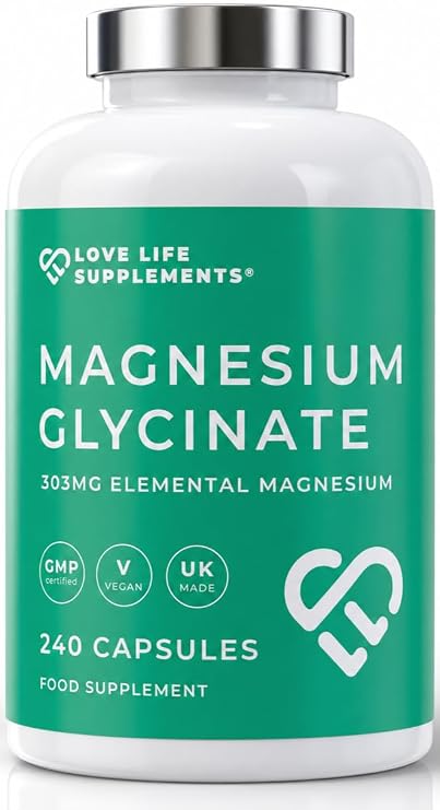 Magnesium Glycinate 303mg Elemental Per Serving - 240 Vegan Capsules, Pure Bisglycinate, No Magnesium Oxide or Buffering, Chelated for Sleep & Muscle Cramps, UK Made - Love Life Supplements
