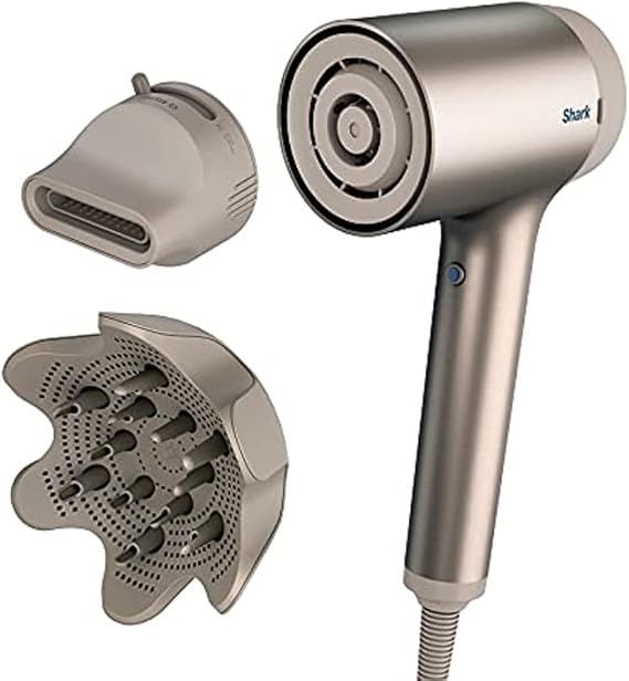 Shark HD113BRN Hair Blow Dryer HyperAIR Fast-Drying with IQ 2-in-1 Concentrator and Curl-Defining Diffuser Attachments, Auto Presets, Ionic, Styling Tools, No Heat Damage, Extendable Prongs, Stone | Dual Optical Sensors Auto-Set Heat, Negative Ion Frizz Control, Curl-Defining Diffuser