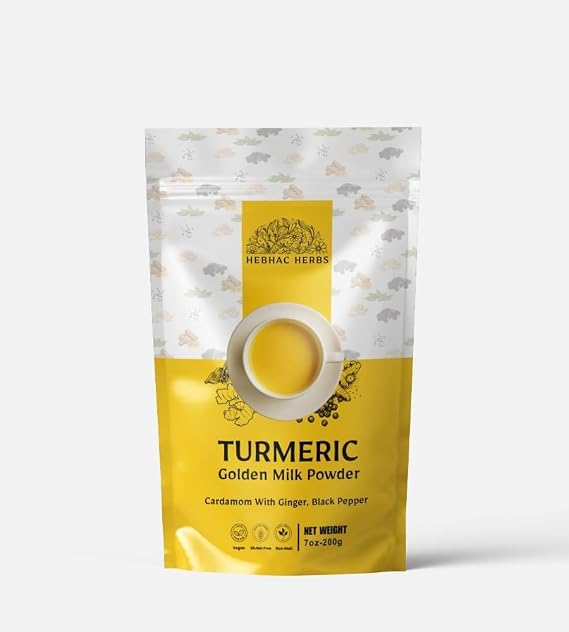 Turmeric Golden Milk Powder - 200g, Blend of Turmeric, Black Pepper, Ginger, Cardamom, and Cane Sugar By Hebhac Herbals