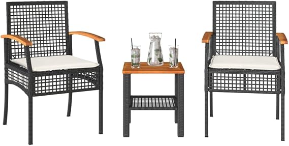 3 Piece Outdoor Bistro Set with Cushions, Black Poly Rattan Patio Furniture Set with Acacia Wood Table and Weather-Resistant Chairs for Garden, Backyard, Balcony