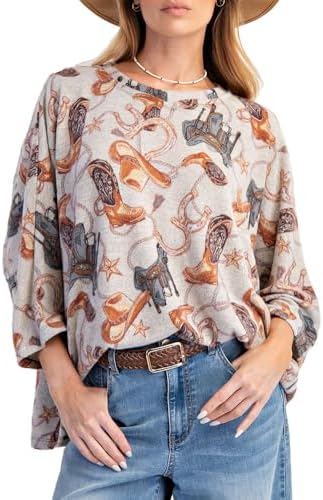 Easel Western Printed Brushed Hacci Top OatmealM