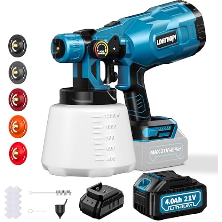 LDHTHOPI Cordless Paint Sprayer with 4000mAh Battery, 1000W High Power Electric HVLP Paint Sprayer Gun with 1200ml Large Container, 5 Copper Nozzles for House and Furniture Painting