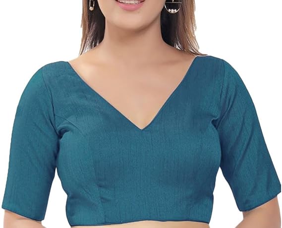Women's Dupion Silk Sari Blouse V-Neck Saree Top Bollywood Choli Tunic Saree Blouse