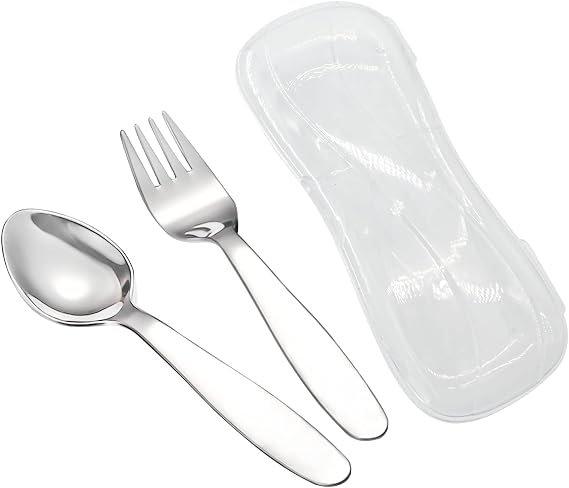 VANRA 2 Pieces Children Fork Spoon Set with Travel Case for Lunch Box, 18/8 Stainless Steel Kids Silverware Flatware Set Kids Utensil Set for School, 5.9in (Fork Spoon)