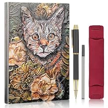Vintage Cat 3D Embossed Leather Notebook A5 Travel Journal with Ballpoint Pen and Pen Refill,Pen Sleeve,Antique Handmade Daily Notepad Hardcover Writing Notebook Gift (Cat)