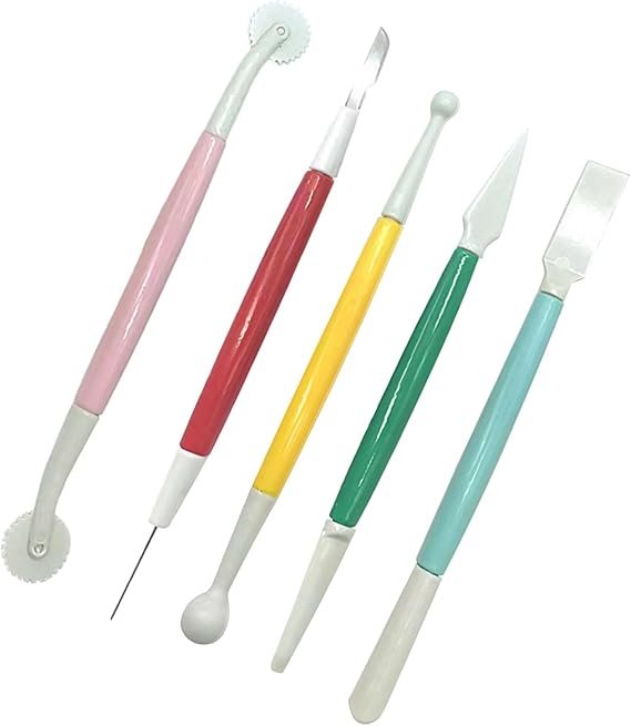 Cake Decorating Carving Tools Set, 5 Pcs Silicone Fondant Finishing Tools with Dual-Ended Sculpting Pens, Multi-Color Plastic Cutters, Roller Cutter for Sugarcraft