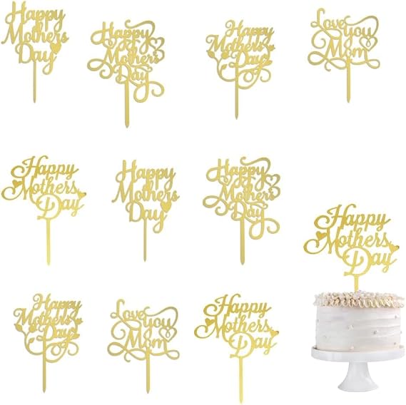 10 Pack Acrylic Gold Mother's Day Cake Topper | Birthday Mother's Day Party Cake Decorations,Best Mom Ever