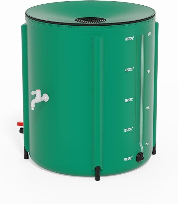 VINGLI Collapsible Rain Barrel Portable Rain Water Collection (Green, 50 Gal w/Scale Line)
