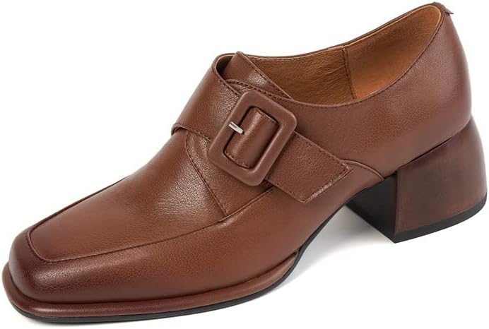 TinaCus Women's Square Toe Genuine Leather Loafer Shoes | Handmade, Hook and Loop Buckle, Low Chunky Heels, Retro