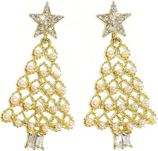 Christmas Tree Dangle Earrings for Women | Gold Tone Filigree with Faux Pearls & Crystal Drop | Star Stud Festive Holiday Statement Jewelry Gift