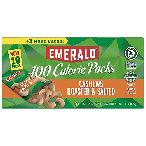 Emerald Nuts, Cashews Roasted and Salted, 100 Calorie Packs, 10 Count, 6.2 Oz Pack of 1