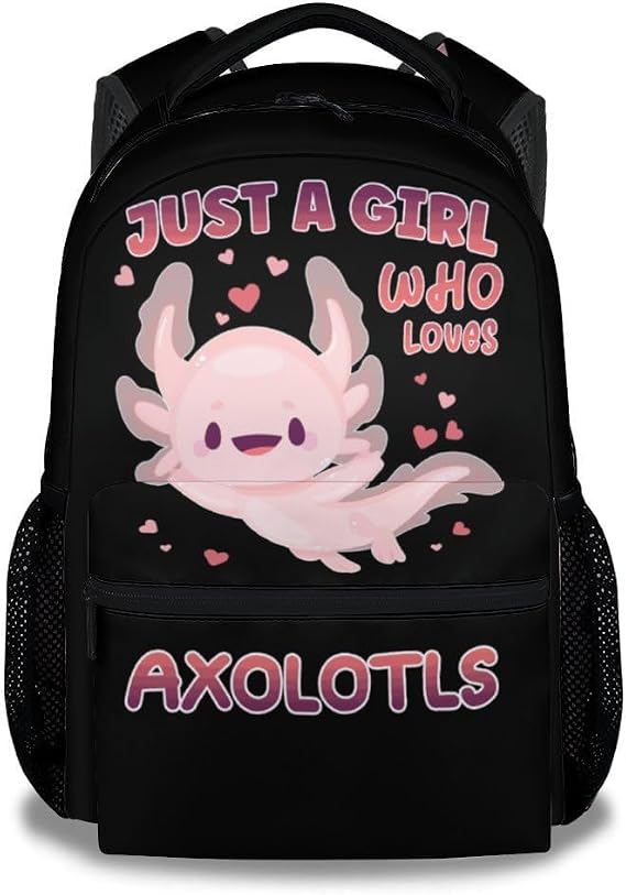 Axolotl School Backpack for Boys Girls, 16 Inch Blue Backpacks for Kids, Lightweight Cartoon Bookbag for Travel