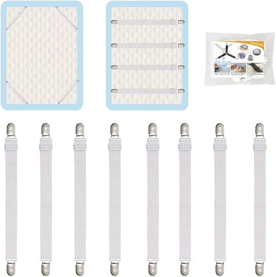8Pcs Adjustable Bed Sheet Straps Clips, Elastic Mattress Sheet Fasteners Holder and Suspenders, Grippers to Hold Sheet, Mattress, Sofa, Couch, Table Cloth, Recliner Ironing Board Cover and More