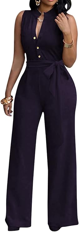 LalaLin Sexy 3/4 Sleeve Jumpsuit for Women V Neck High Waisted Long Wide Leg Pant Button Down Party Romper with Belt