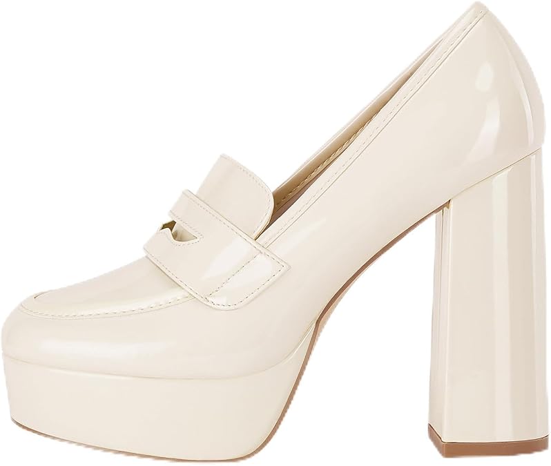 Coutgo Womens Platform Heels Loafers Chunky High Heel Closed Toe Patent Leather Shoes Penny Loafer Business Dress Work Pumps