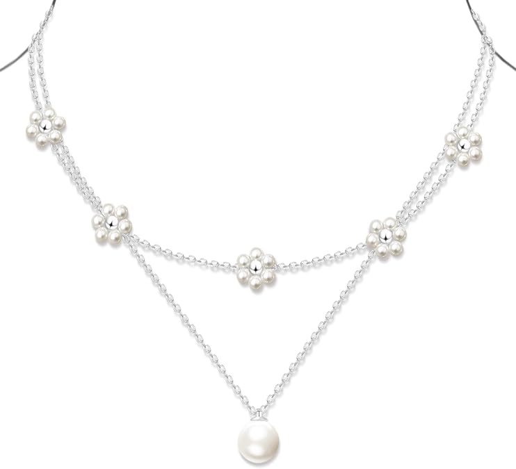 OGD Gold Pearl Necklace Set for Women 14K Plated Layered Daisy Choker Gift