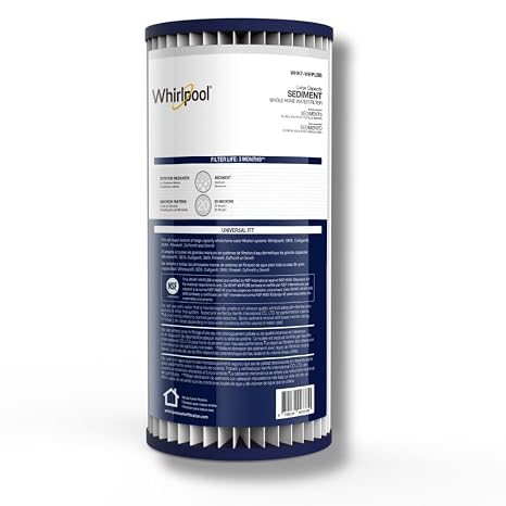 Whirlpool WHKF-WHPLBB Whole House Large Capacity Pleated Sediment Filter, Upgraded 20 Micron Reduces Sand, Soil, Silt & Rust, Fits 4.5" Diameter Standard Home Water Filter Housings
