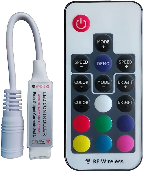 DC 5V-24V 12A RGB LED Controller with 17-Key RF Wireless Remote Control Dimmer for 5050 3528 5630 LED Strip Lights