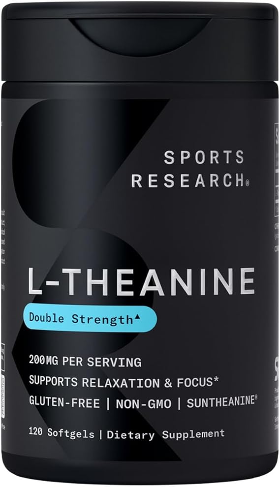 Sports Research L-Theanine 200mg with Suntheanine, 120 Softgels | Double Strength Relaxation, Focus & Mood Support - Made w/ Organic Coconut Oil | Non-GMO, Gluten-Free, 120 Servings