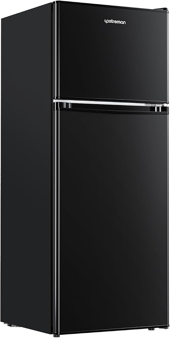Upstreman 4.0 Cu.Ft. Mini Fridge with Freezer, Dorm Essentials, Double Door Small Refrigerator for Office, Dorm, Bedroom, Adjustable Thermostat, Large Capacity, Black-BR401
