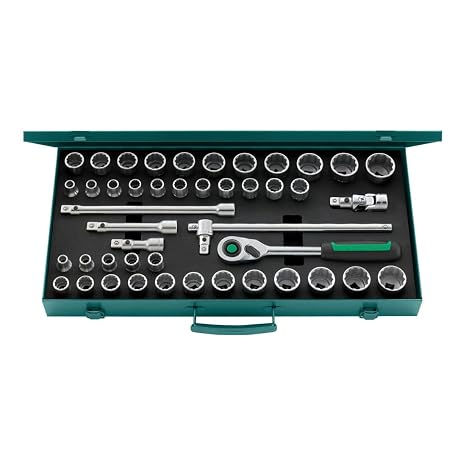 Stahlwille 96030107 1/2" Socket Set 45 Piece Set with Quick Release Ratchet, Extensions, T-Handle, Universal Joint, and Sturdy Sheet Steel Case, Made in Germany