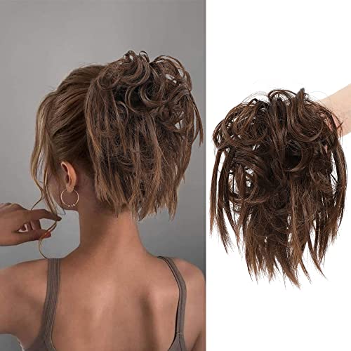 KETHBE Messy Bun Hair Piece,Synthetic Tousled updo Short Ponytail Faux Hair Scrunchie with Elastic Rubber Band Fake Hair Bun for Women Chestnut Brown