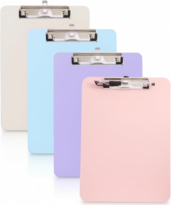 4 PCS Pastel Colored Clipboards,Cute Plastic Clipboard with Pen Holder