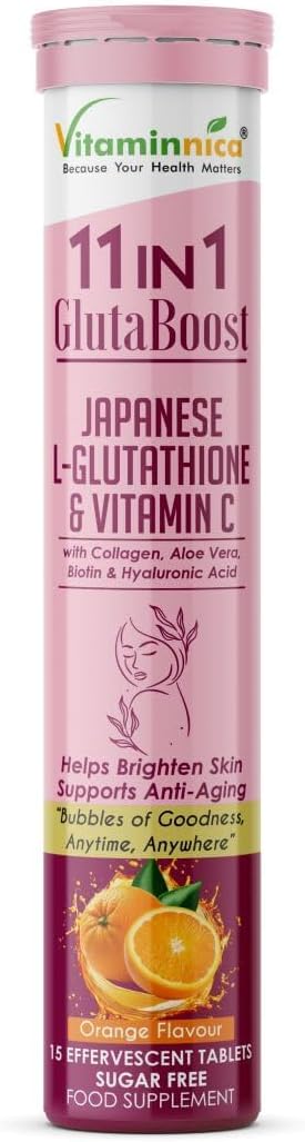 Vitaminnica Gluta Boost 11-in-1 Effervescent Tablets with Japanese L-Glutathione, Collagen, Hyaluronic Acid | Skin Radiance & Beauty Supplement | 15 Tablets Pack of 1, Orange