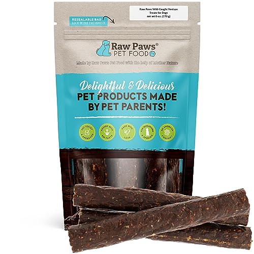 Raw Paws Wild-Caught Venison Dog Treats, 6-oz - Packed in USA - Real Meat Jerky - Single Ingredient Venison for Dogs