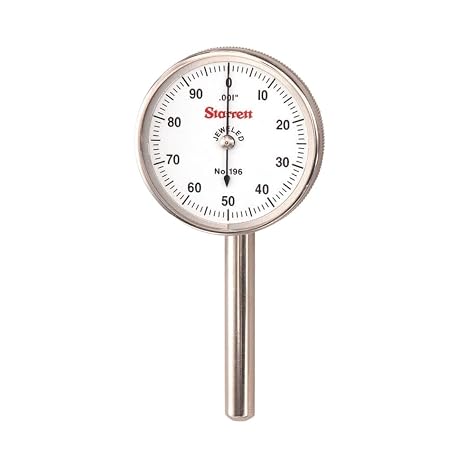 Starrett Universal Dial Test Indicator Set with Back Plunger - White Face, 0-100 Reading, 200" Range, .001" Graduation, 1/4" Shank Diameter for Mounting - 196B1