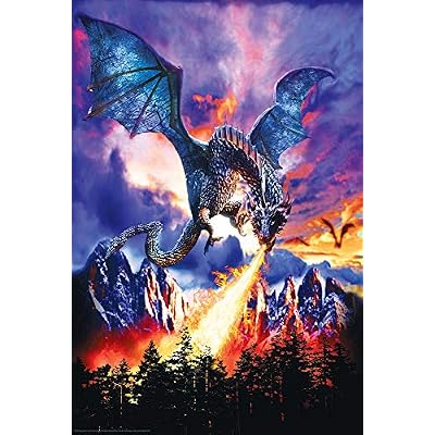 Studio B Dragon Breathing Fire Incinerating Forest Fantasy Art Print Poster 24x36 Inch