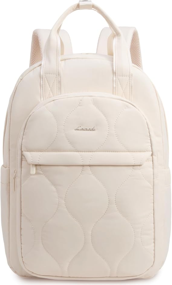 LOVEVOOK Laptop Backpack for Women, College Travel Backpack Puffer Womens Backpack for 15.6 Inch Laptop, Computer Water-Resistant Quilted Casual Daypack, Beige