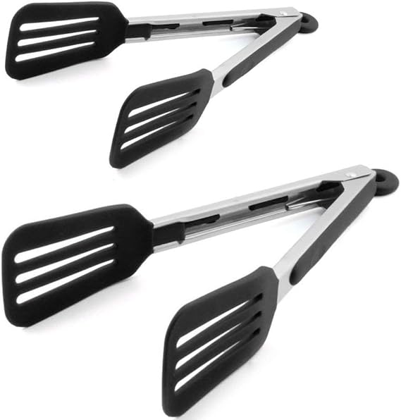 2 Pack Stainless Steel Silicone Cooking & Serving Tongs, 7 & 9 Inch | Locking Handle, Heat Resistant, Dishwasher Safe, for Grilling Steak Salad Pasta Buffet Serving, Black
