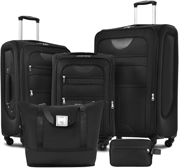 Softside Luggage Expandable 3 Piece Set Suitcase with Duffel Bag Upright Spinner Softshell Lightweight Luggage Travel Set (Black + Polyester)