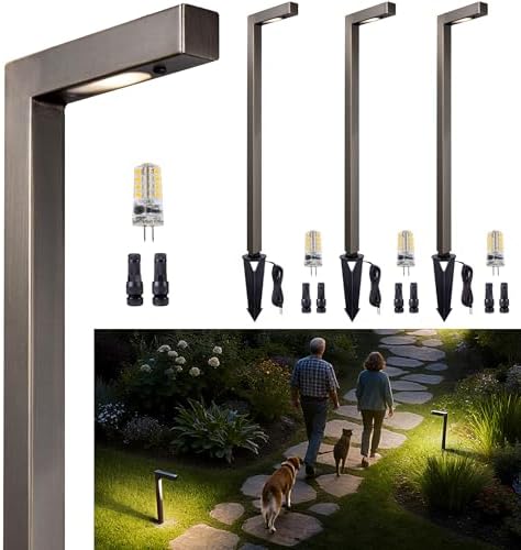 Gardenreet Low Voltage Pathway Lights Brass, LED Landscape Path Lights, Yard Lights Outdoor Waterproof IP65, 12V Wired L Shape Bronze for Garden Walkway with 3W 270LM 2700K G4 Bulb 4 Pack