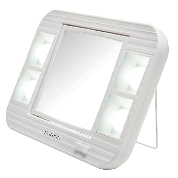 JERDON Two-Sided Makeup Mirror with Lights - Vanity Mirror with 5X Magnification & Two Setting Glare-Free Lighting - White Base - Model J1015