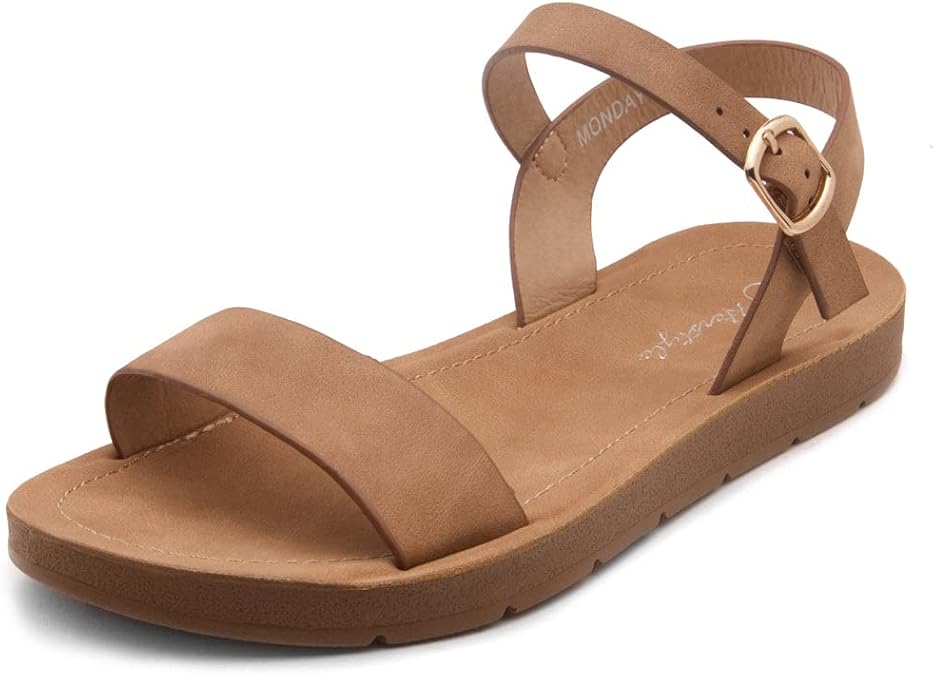 Herstyle Flat Sandals for Women Open Toe 1 Band Ankle Strap Summer Dressy Sandals, Lightweight Casual Strappy Slip-On Flats with Adjustable Buckle