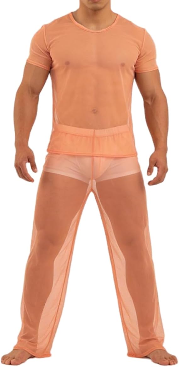 YINYOUYU Mens See Through Pajamas Set Sexy Mesh Muscle T Shirt Lounge Pants Underwear Sheer Sleepwear Clubwear