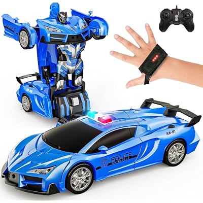 Tecnock Remote Control Car - Gesture Sensing, Transform RC Cars for Kids, 2.4GHz One Button Transformation Robot Toy with LED Lights, Police Car Toy Gift for Age 8-12 Boys, Girls