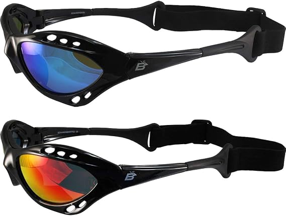 Birdz Eyewear Seahawk Polarized Padded Sunglasses Jetski Kayaking Watersports Black Frames 2 Pairs with Blue & Red Reflectech Lenses