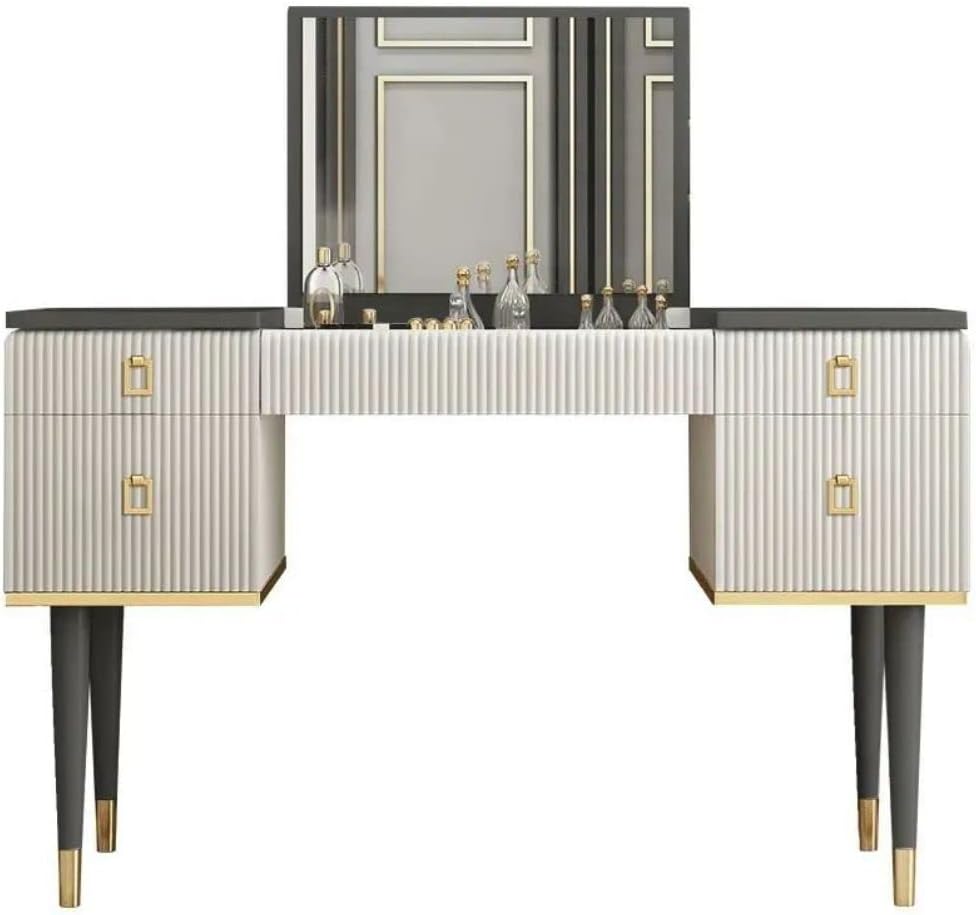 homary Bedroom White Grey Makeup Vanity Desk with Flip Top Mirror, Corner Dressing Table with 4 Drawers Storage Organization,Home Furniture Vanity Set