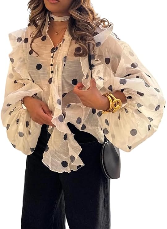 UOOZEE Women's Polka Dot See Through Blouse Long Puff Sleeve Ruffle Sheer Button Up Shirts Tops Beach Cover Ups