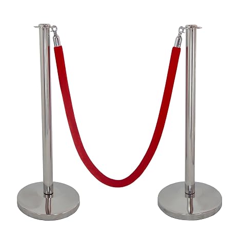 Rope Stanchion Set in 3 PCS, 72" RED Velour Rope & Flat Top, Mirror Polished S.S., Domed Base