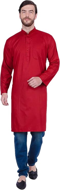 Maple Clothing Men's Cotton Long Kurta Solid Color Indian Traditional Clothes