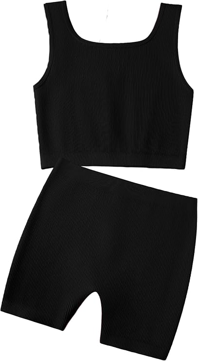 EXARUS Girls 2 Piece Outfits Seamless Ribbed Cropped Tank Top Shorts Set
