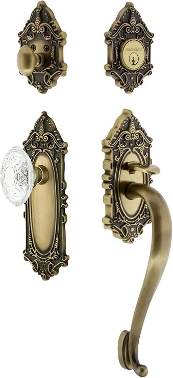 Nostalgic Warehouse 756036 Victorian Plate S Grip Entry Set Crystal Victorian Knob, Backset Size: 2.375", Antique Brass