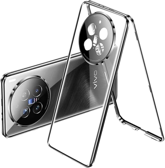 QUIETIP Case Compatible with vivo X200 Pro,Magnetic Body Metal Frame Double Sided Clear Tempered Glass with Camera Protection Cover,Black