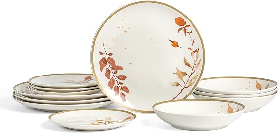 Stone Lain Maple 12-Piece Dinnerware Set Porcelain, Plates and Bowls Set, Dishwasher and Microwave Safe, Dish Set for 4, White