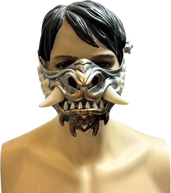Japanese Monster Hannya Mask Guardian Lion Demon Oni Samurai Half Face Shield (Black) Light Up Mask